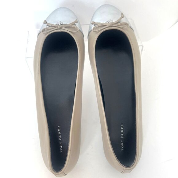 Tory Burch Cap-Toe Ballet Flats Oyster Silver Leather Womens Flats Size 11 - Picture 3 of 10